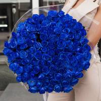 101 синяя роза с оформлением, цветы в букете R378